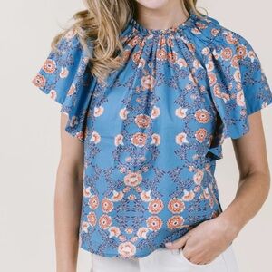 LaRoque Sierra Top Indigo Blue Floral Flutter Sleeve Braided Boho Neckline XS